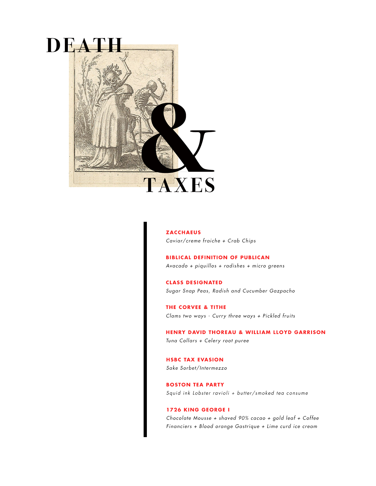 Printed menu for Death & Taxes