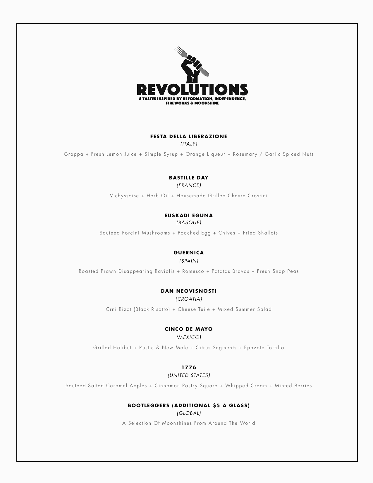 Printed menu for Revolutions