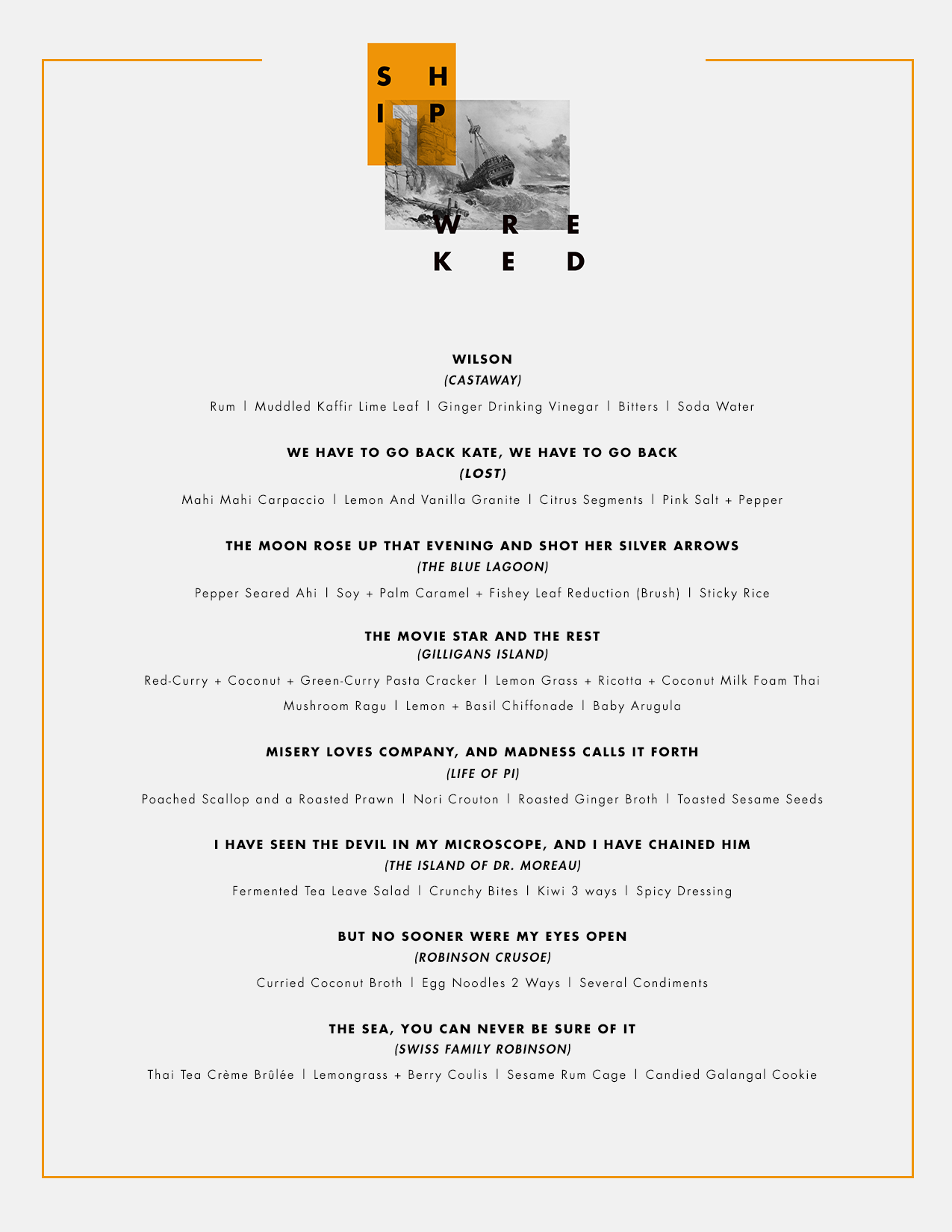 Printed menu for Shipwrecked Pt. I