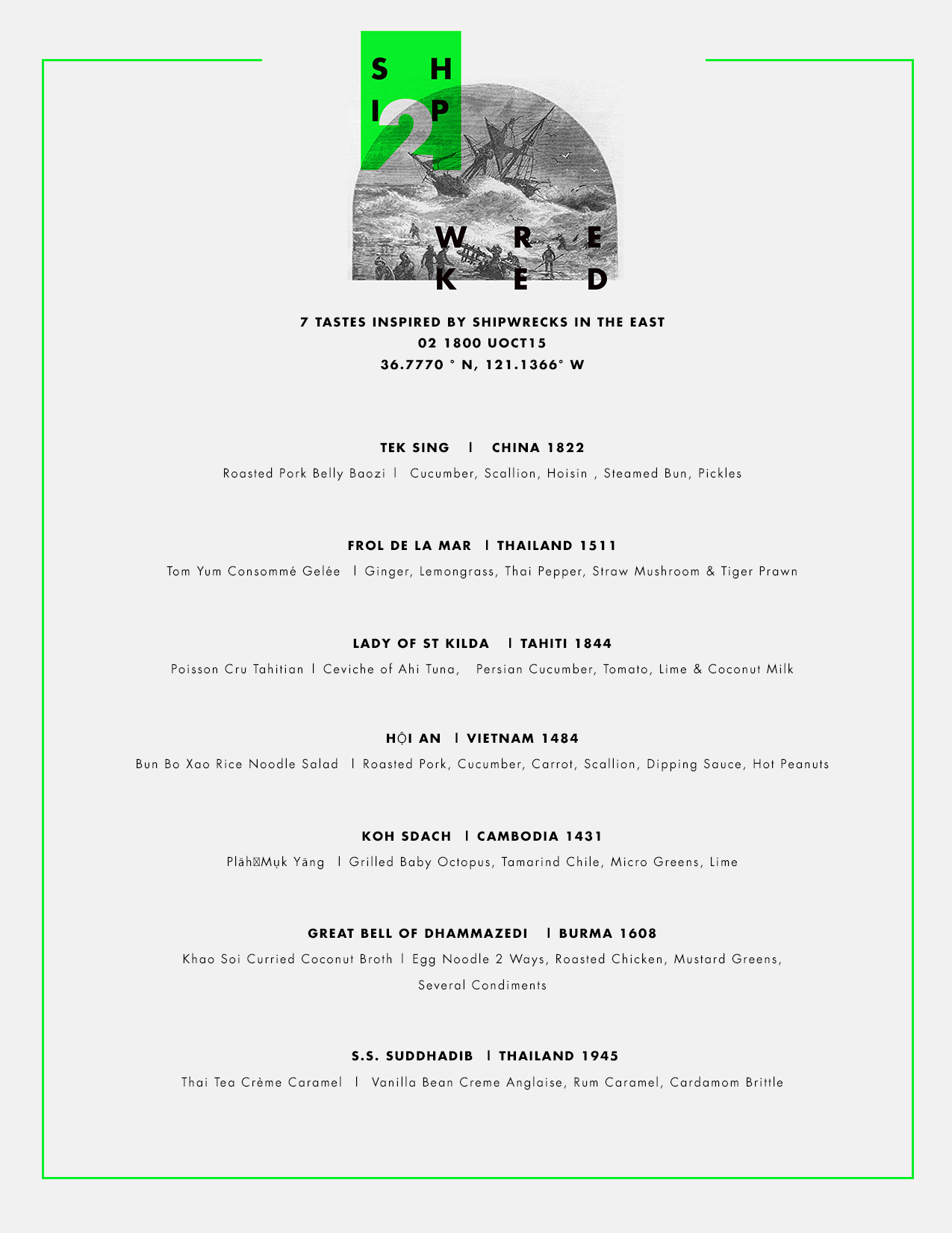 Printed menu for Shipwrecked Pt. II
