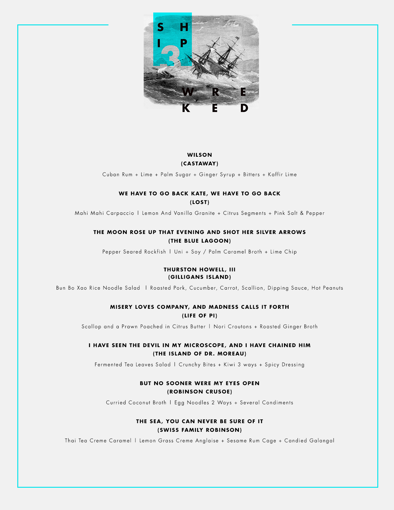 Printed menu for Shipwrecked Pt. III