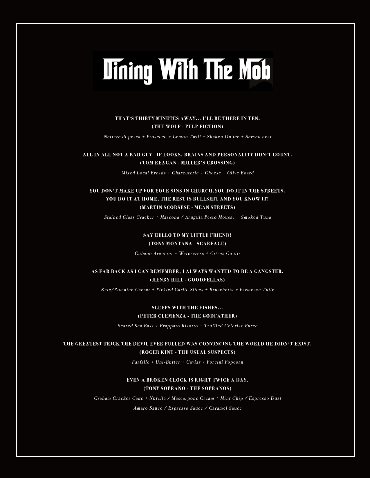 Printed menu for Dining With The Mob