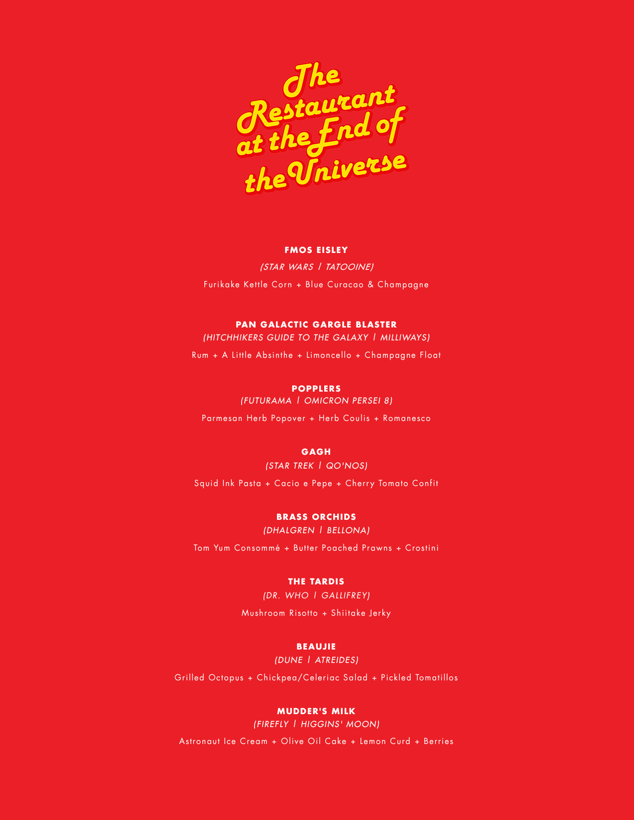 Printed menu for The Restaurant At The End Of The Universe
